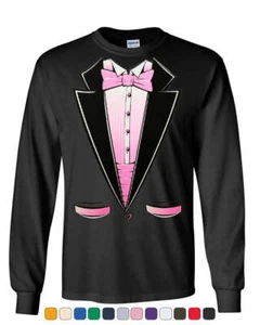 Pink Tuxedo Long Sleeve T-Shirt Funny Tux Tee Wedding Bachelor Party - Picture 1 of 12