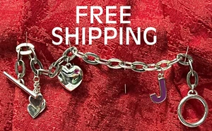 Letter "J", Heart of Hearts Charm Bracelet Silver Tone, Toggle Clasp ( 7" Long) - Picture 1 of 6