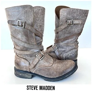 STEVE MADEN Banddit Taupe Distressed Leather Buckle Mid Calf Riding Boots Sz 9 M - Picture 1 of 11