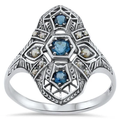 ANILLO ESTILO ANTIGUO DECO PLATA ESTERLINA 925 PERLA TOPACIO AZUL LONDRES GENUINO 140X Foto 1 de 4