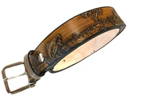 Mens Leather Belt Fish Design Dress Work Casual Brown Handmade USA - Picture 1 of 11