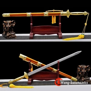42'' Straight Golden Chinese Sword Qing Dynasty Jian Double Edge Manganese Steel - Picture 1 of 13