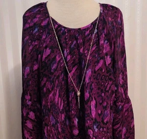 JM Collection Womens Sz L Purple Silky Watercolor Bell Sleeve Sheer Lined Chain - Picture 1 of 8