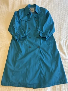 VTG London Fog Trench Rain Coat Double Breasted Turquoise Blue Size 16 Petite - Picture 1 of 10