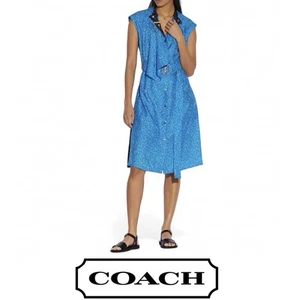 NWOT Coach Dress 100% Silk Blue Dot Sleeveless With Belt Sz 00 Elegant Designer - Picture 1 of 23