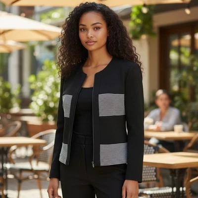 Vintage JESSICA HOWARD Black and White Striped Blazer Jacket, Sz 14 Petite - Image 1 of 4