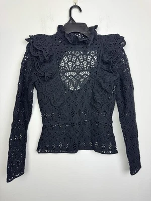H&M Black Crochet Long Sleeve Ruffle Top Open Back  Small NEW - Image 1 of 4