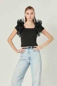 Top negro organza en contraste English Factory talla S nuevo con etiquetas - Imagen 1 de 9