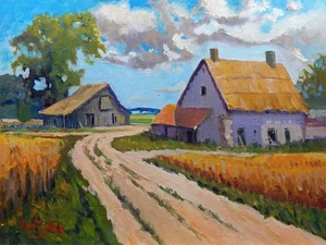 Vintage Landhaus Haus Scheune Wolken Realistisch Impressionismus Ölgemälde Landschaft - Bild 1 von 4