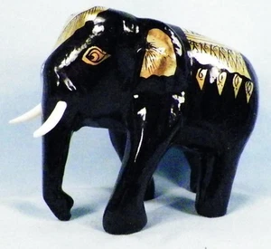 Elephant Figurine Wood Wooden Black & Gold Paint Plastic Tusks Very Nice - Picture 1 of 4