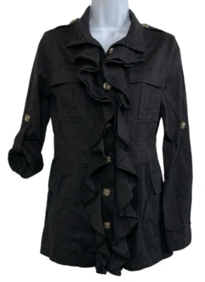 Double Zero Womens SMALL Black Jacket Ruffle Punk S Roll Tab sleeve Cotton - Image 1 of 4