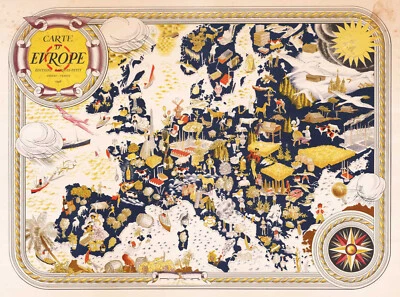 Impresión de póster de arte de pared de mapa agrícola de vino comida pictórica de mediados de siglo de Europa Foto 1 de 3