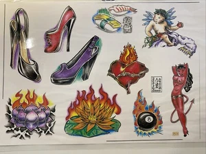 Vintage 2000 Wall Art Tattoo Flash Sheet By Christine Bilbao Pinup Lotus 8ball - Picture 1 of 1