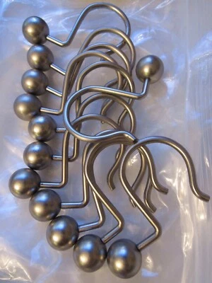 12 Shower Curtain Hooks Rings Hangers Set of 12 Matte Ball Silver Metal Foto 1 de 4