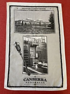 Vintage Tea Towel w Old Parliament House Canberra Australia Pattern Kitchen Art - Picture 1 of 13