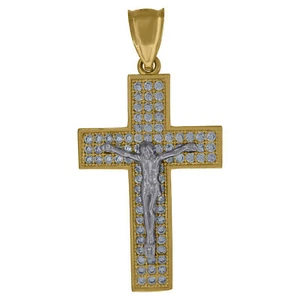 10kt Gold Two-Tone Cubic-Zirconia Mens Cross Crucifix Religious Charm Pendant - Picture 1 of 1