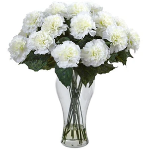 18" Cream Blooming Carnation Arrangement in Liquid Illusion Glass Vase Faux - Foto 1 di 1