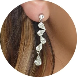 Elegant Schick Silber Funkelnde Tropfen, Lange Ohrringe Mit Swarovski Kristallen - Bild 1 von 12