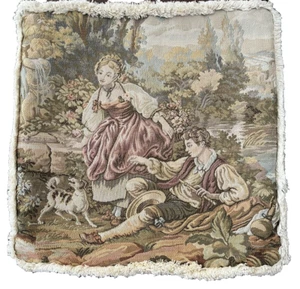Vintage italienischer Wandteppich Kissenbezug umwerben Szene Fransen 18 Zoll Mann Frau Hund - Bild 1 von 5
