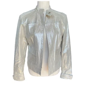 Bebe Sz M Champagne Gold Shimmer Zip Up Fitted Pockets Textured Leather Jacket - Picture 1 of 17