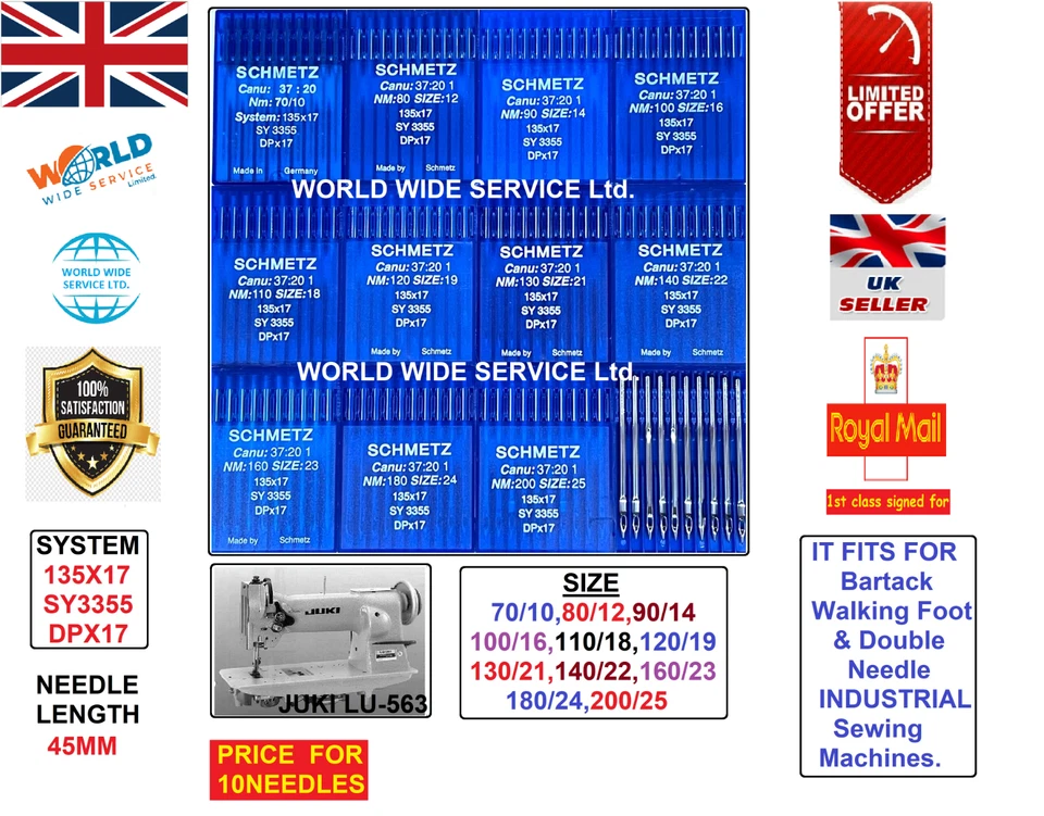 WORLD WIDE SERVICE LTD JUKI LU-563 SCHMETZ DPX17 135X17 S=70/10TO200/25 W/FOOT INDUS SEWING MCHN NEEDLE