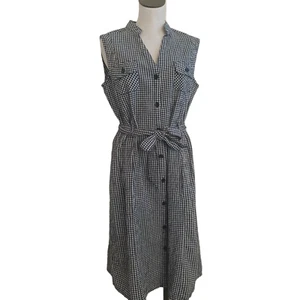 White Stage Shirt Dress 12/14 Black White Check Sleeveless Button Up w Tie Belt - Picture 1 of 13