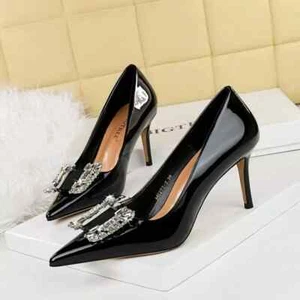 Zapatos Decolte 8 CM Negros Brillantes Elegantes Cómodos De Piel Sintética 11387 - Imagen 1 de 5