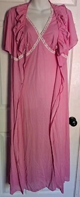 Vintage Hot Pink Robe & Nightgown Medium Lace Trim on Nightgown Made in the USA - Image 1 of 4