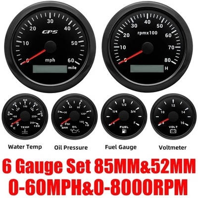  6 Gauge Set 85mm Black GPS Speedometer 60MPH&Tacho 8000RPM Gauge Waterproof  - Image 1 of 4