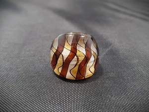 Chunky Brown Loose Plaid Gold & Silver Foil Hand Blown Glass Bling Ring Sz 7 - Picture 1 of 5