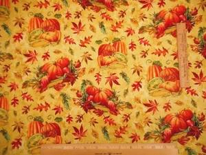 Autumn Quilt Fabric 1  Yard Pumpkins Falling Leaves on Gold Premium Cotton Vtg - Picture 1 of 2