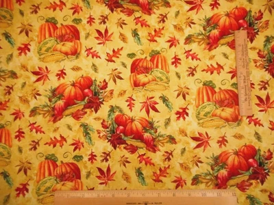 Autumn Quilt Fabric 1  Yard Pumpkins Falling Leaves on Gold Premium Cotton Vtg - Image 1 of 2