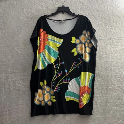 Trina Turk 女式束腰上衣黑色中号花卉短袖圆领套衫 — 第 1/4 张图片