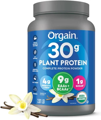 Proteína vegetal vegana orgánica Orgain 30 g en polvo, vainilla, 9 g EAAs + BCAA, alta pl Foto 1 de 4