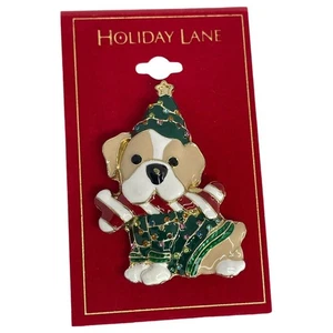 Gold Tone Puppy Christmas Tree Brooch Pin Crystal Xmas Holidays Winter Chic Dogs - Picture 1 of 10