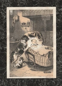 Tarjeta comercial victoriana stock madre perro curioso acerca del bebé en cesta 4,25 x 3 - Imagen 1 de 3
