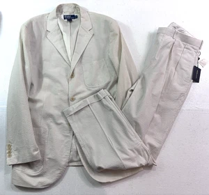 NEW Polo Ralph Lauren XL 46R 48R 38x32 2pc Seersucker Pant Suit tan white stripe - Picture 1 of 21