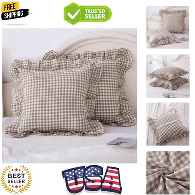 Elegant Taupe Plaid Ruffle Throw Pillow Covers 20x20, 2-Pack for Farmhouse Charm - Image 1 of 4