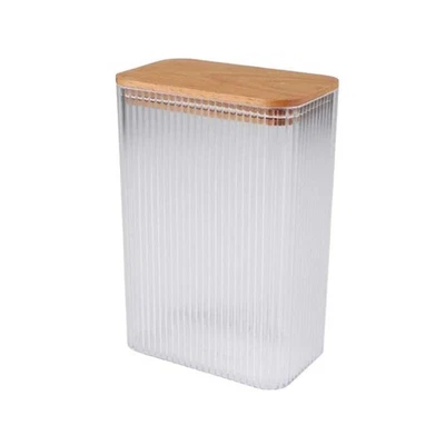Ribbed Plastic Container with Airtight Bamboo Lid 2L Kitchen Food Storage Clear - Image 1 of 2