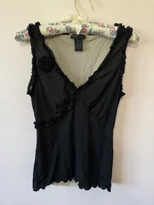 Vintage The Limited Y2K Black Ruffle Mesh Tank with Rose Appliqué Size Medium - Picture 1 of 7