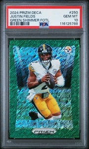 2024 Prizm Deca Justin Fields GREEN SHIMMER FOTL Card #250 PSA 10 /12 POP 1 - Picture 1 of 2