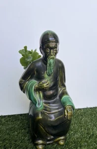 "Florero estatuilla vintage jardinera asiática sabio viejo 9,5""H cerámica" - Imagen 1 de 17