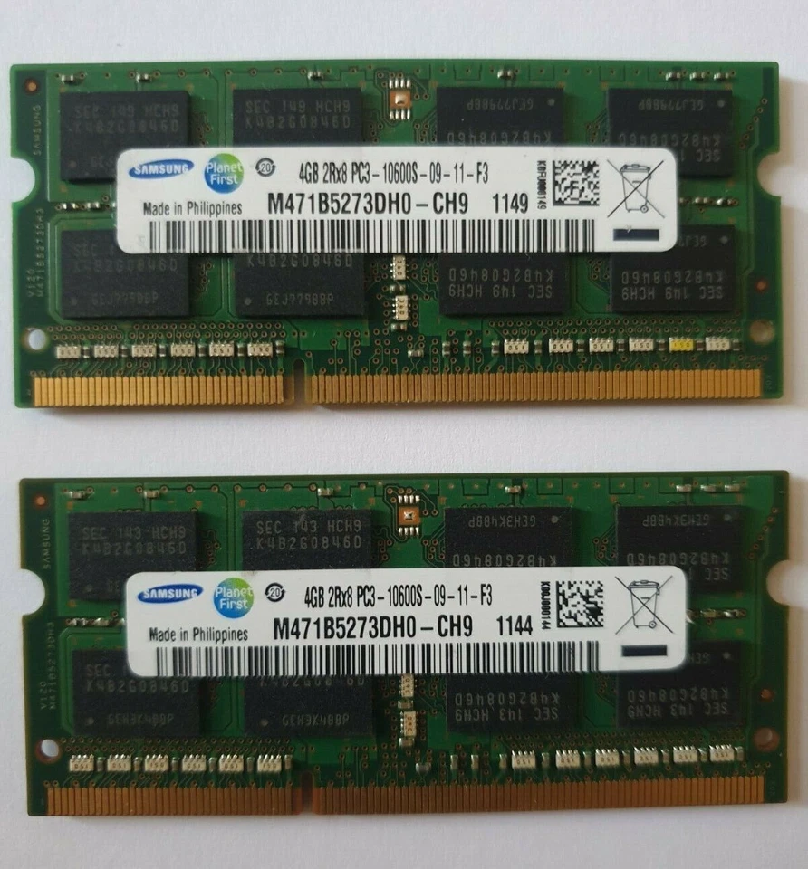 SAMSUNG 8GB 2x4GB PC3-10600 DDR3 1333MHZ 204pin laptop RAM MEMORY Apple Mac - Image 1 of 1
