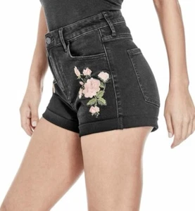 Guess Shorts Women 28 Black Hot Pants Hi Rise Jean Embroidered Floral Dark Wash - Picture 1 of 12
