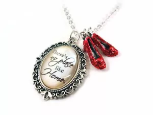 Wizard of Oz No Place Like Home Quote Necklace with Ruby Red Slippers Charm - Picture 1 of 6