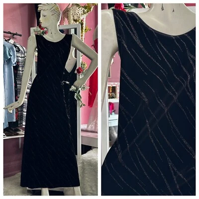 Maxi Vestido Vintage Años 90 Terciopelo Negro Sin Mangas Brillo Elástico Grunge M Foto 1 de 4