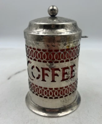 Bote de café plateado rojo cobalto forro de plástico Sheffield Inglaterra 5,5" de altura Foto 1 de 4