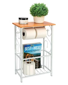 Bathroom Storage Table Scroll Design Brown Wood - White Metal Paper Magazine - Picture 1 of 8