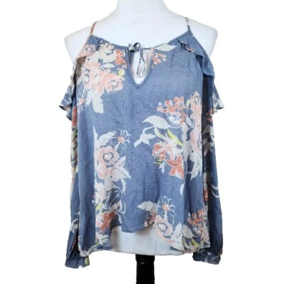 ASTR Womens Chiffon Ruffle Top Sz Medium Gray Floral Romantic Boho Cold Shoulder - Image 1 of 4