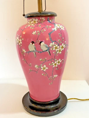 Antique Pink Birds Cherry Blossom Japanese Meiji Period Enamel Lamp Cloisonne - Image 1 of 4